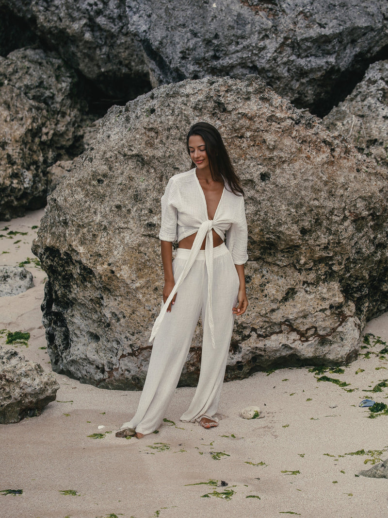 Skye Palazzo Pants - Gold Stripes-The Handloom-lobo nosara