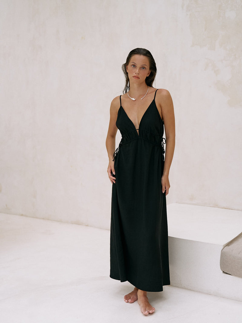 Sofia Ties Maxi Dress - Black-The Handloom-lobo nosara