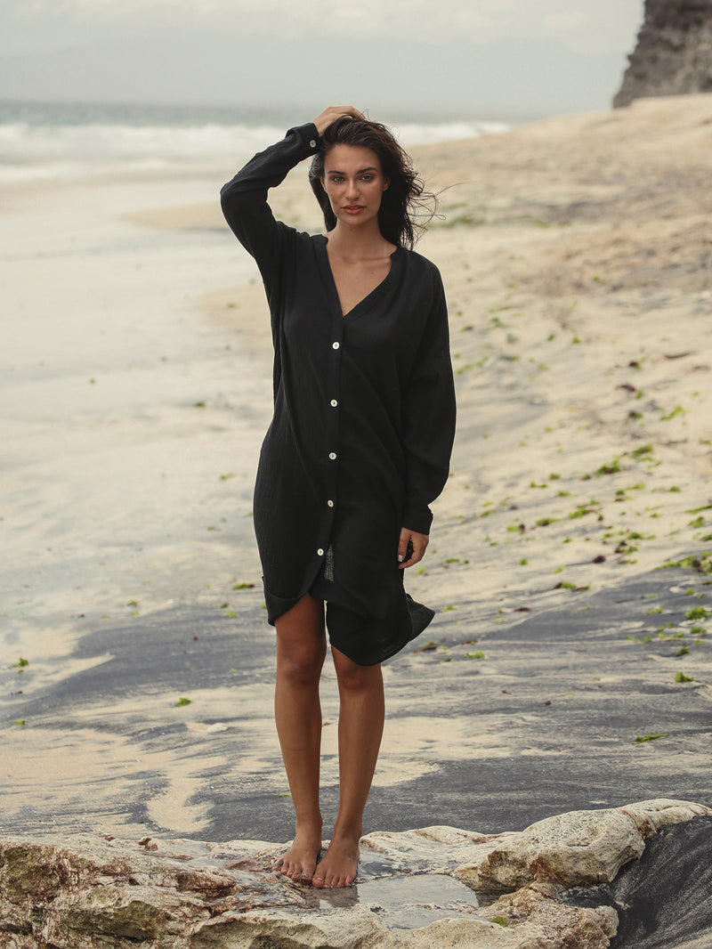 Terra Shirt Dress - Black-The Handloom-lobo nosara