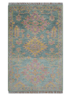 Traditional Design Teal And Pink 3x5 Hand knotted Wool Area Rug-The Rug Decor-lobo nosara