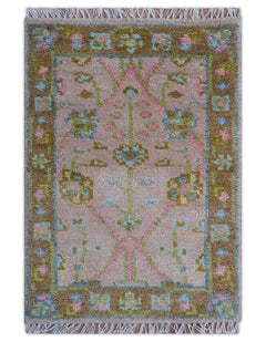 Traditional Peach And Brown Hand Knotted 2x3 Wool Rug-The Rug Decor-lobo nosara