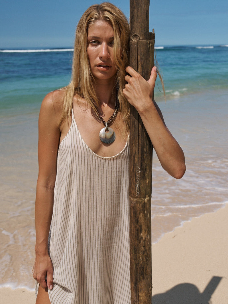 Yaz Dress - Khaki Green Stripes-The Handloom-lobo nosara