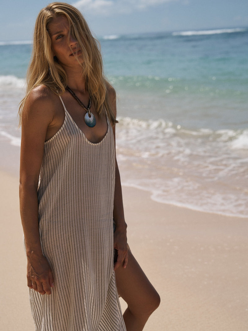 Yaz Dress - Khaki Green Stripes-The Handloom-lobo nosara