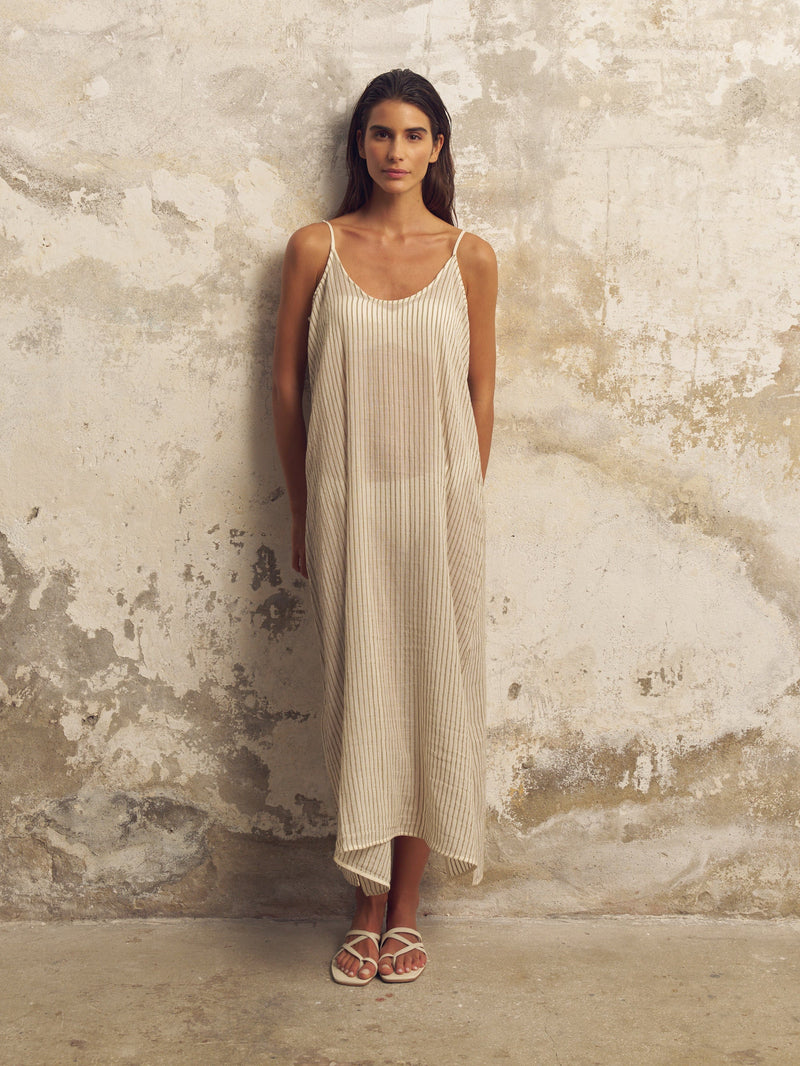 Yaz Dress - Khaki Green Stripes-The Handloom-lobo nosara