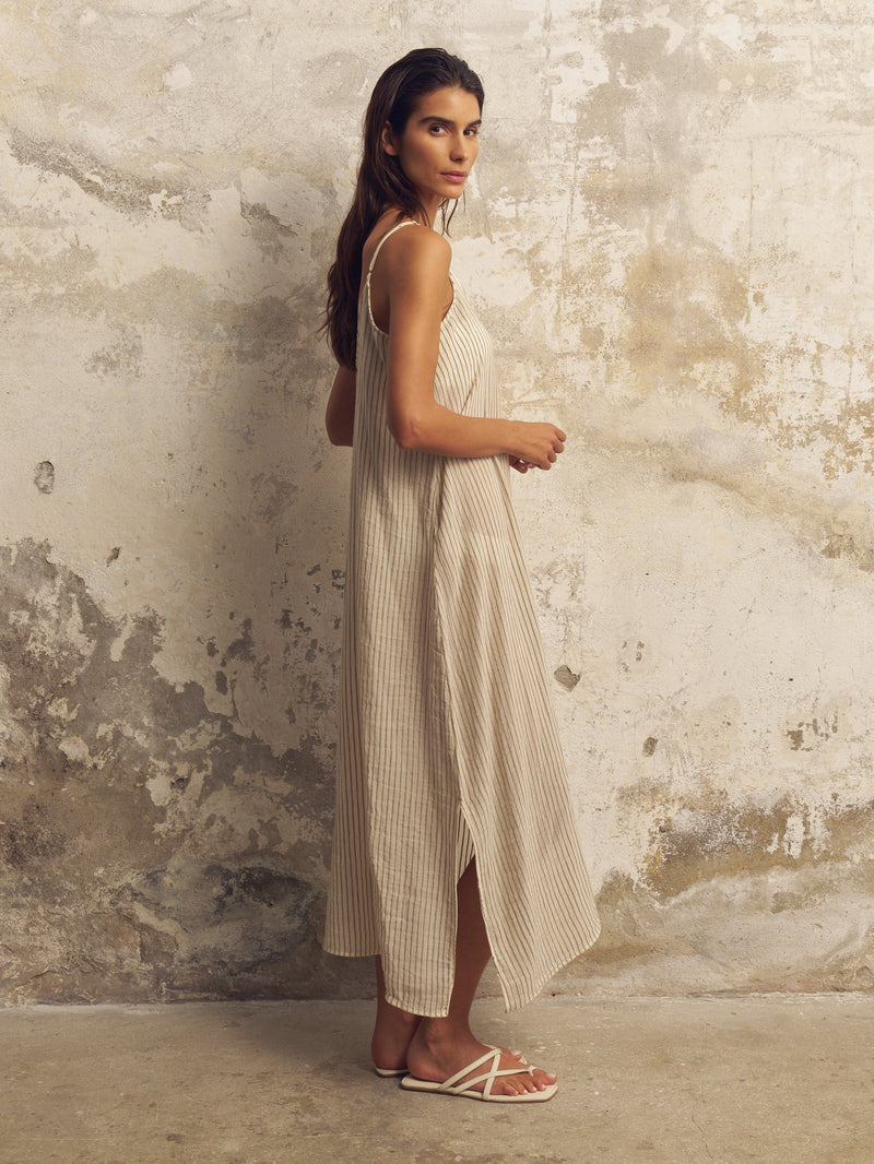 Yaz Dress - Khaki Green Stripes-The Handloom-lobo nosara